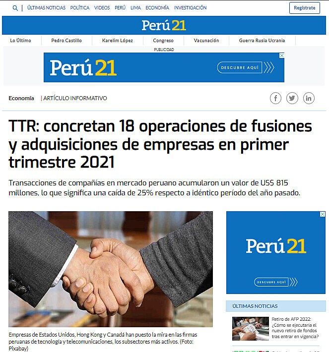 TTR: concretan 18 operaciones de fusiones y adquisiciones de empresas en primer trimestre 2021